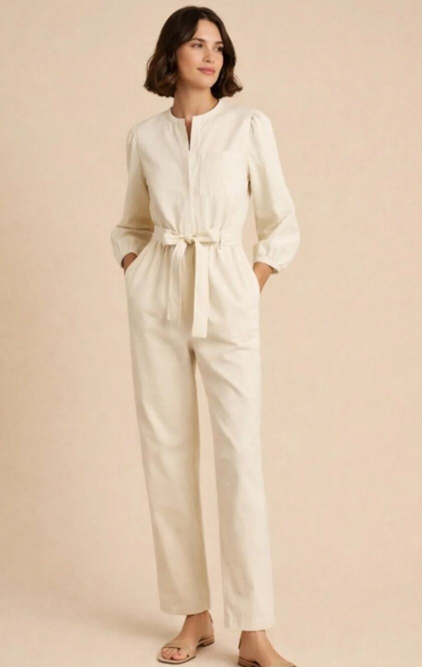 J. Crew Puff Sleeve Chino Jumpsuit Off White Belted Long Sleeve Women's 4